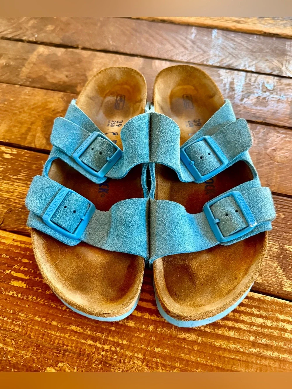 Birkenstalk Arizona suede blue, soft bed, cork bottom, size 39